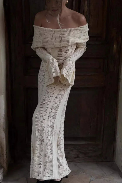 Cutout Off Shoulder Crochet Knit Bodycon Maxi Dress