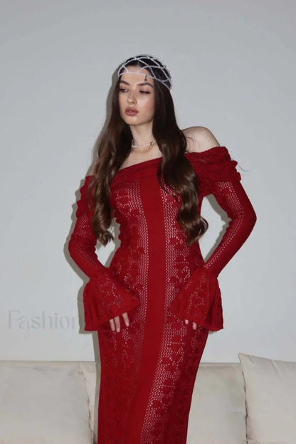 Cutout Off Shoulder Crochet Knit Bodycon Maxi Dress