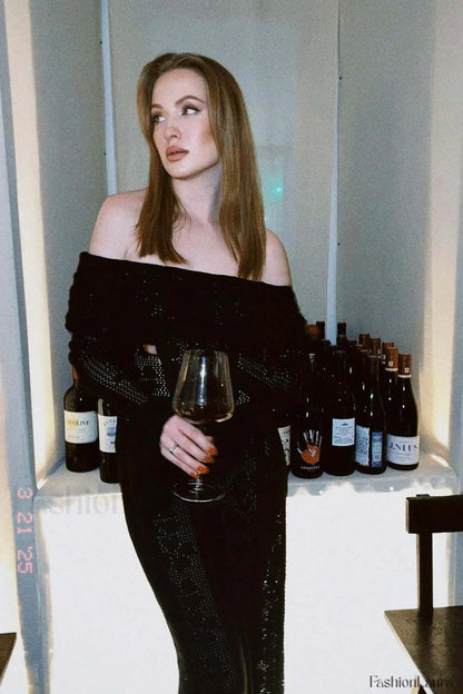 Cutout Off Shoulder Crochet Knit Bodycon Maxi Dress