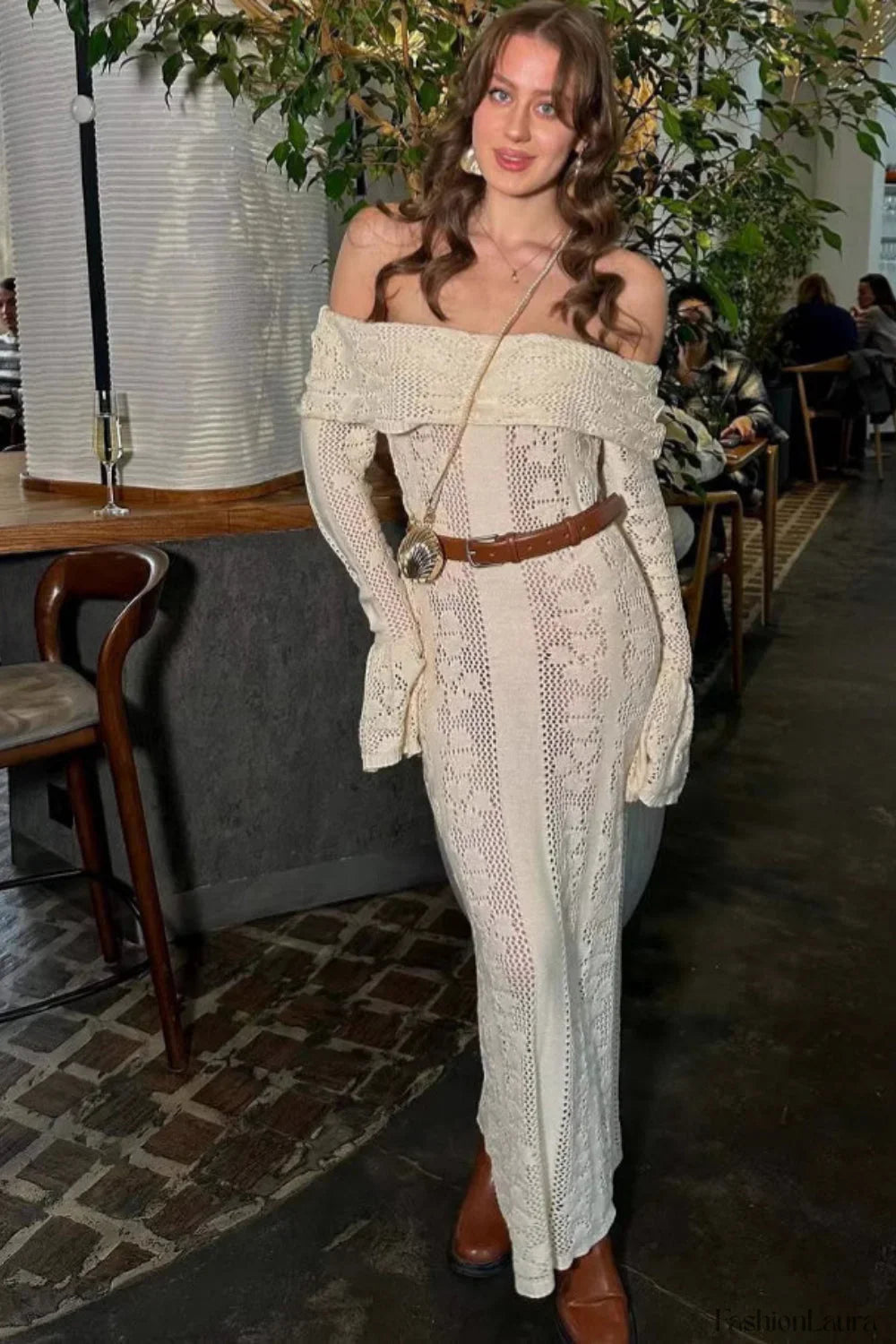 Cutout Off Shoulder Crochet Knit Bodycon Maxi Dress Apricot / S