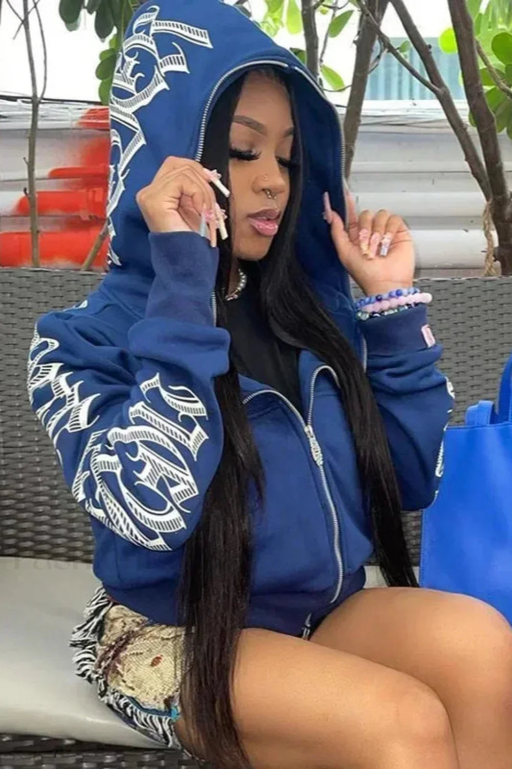 Cyber Y2K Gothic Punk Hoodie Blue / S