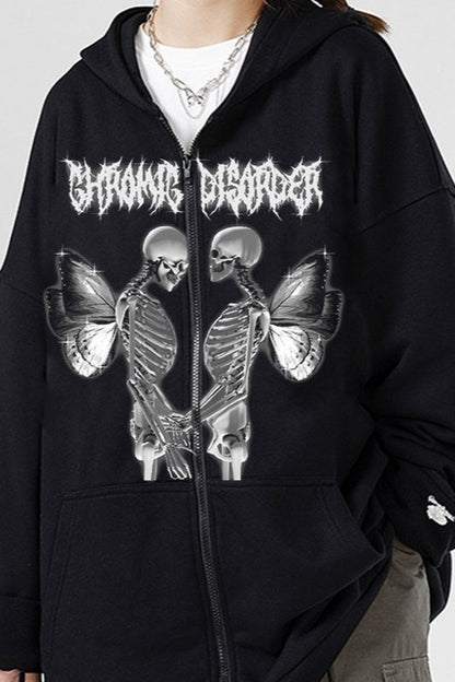 Skull Butterfly Rhinestone Zip Hoodie
