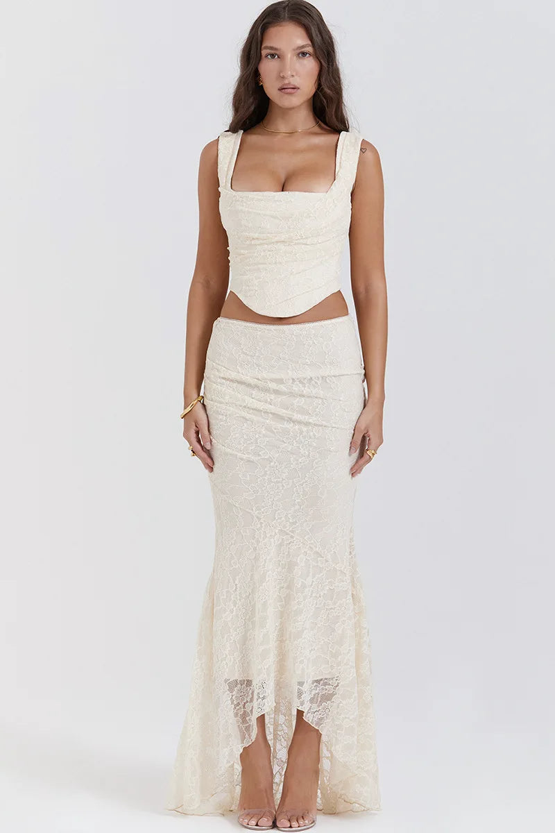 Elegant Lace Up Crop Top & Maxi Skirt Boho Dress White / S