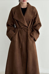 Drawstring Notch Collar Long Relaxed Overcoat
