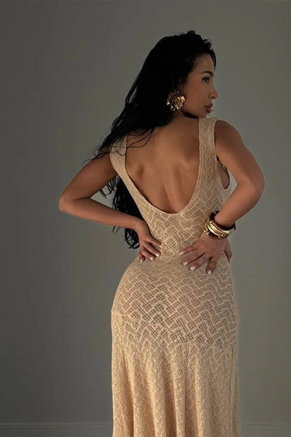 Sexy O-Neck See-Through Fit and Flare Maxi Dress