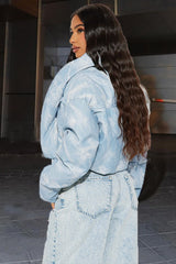 Printed Color Block Crop Quilted Puffer Jacket