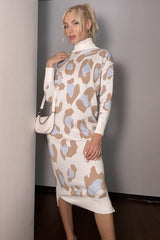Leopard Print Turtleneck Sweater Dress Ivory / One Size