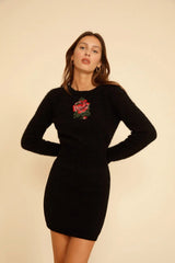Embroidered Rose Knit Sweater Dress Black / S
