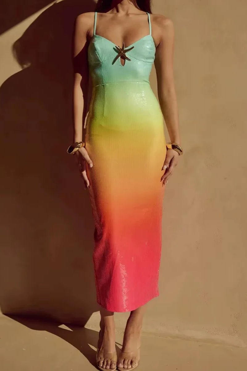 Gradient Sequin Spaghetti Midi Dress