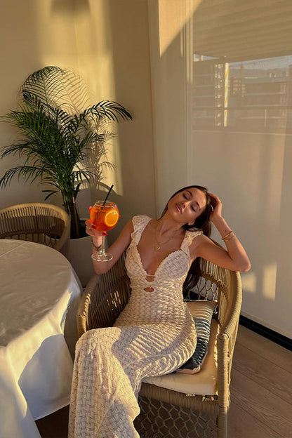 Lace Up V Neck Backless Boho Dress White / S