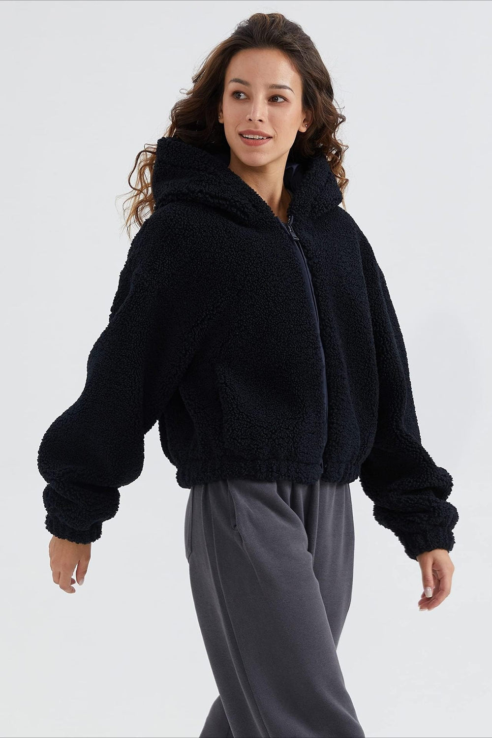 Fuzzy Hooded Zip Short Jacket