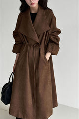 Drawstring Notch Collar Long Relaxed Overcoat