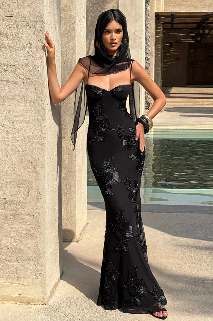 Backless Floral Tie-Up Maxi Dress S / Black