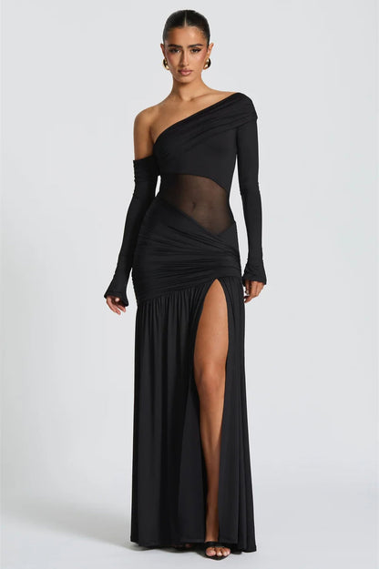 Off-Shoulder Long Sleeve Backless Thigh Split Maxi Dress