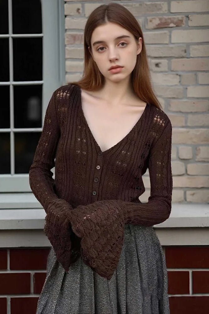 Hollow Out Knit V Neck Long Sleeve Cardigan