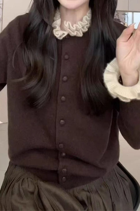 Ruffle Trim Contrast Cardigan Brown / One Size
