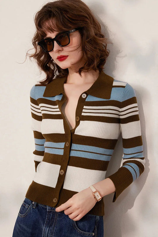 Striped Knit Turn down Collar Cardigan