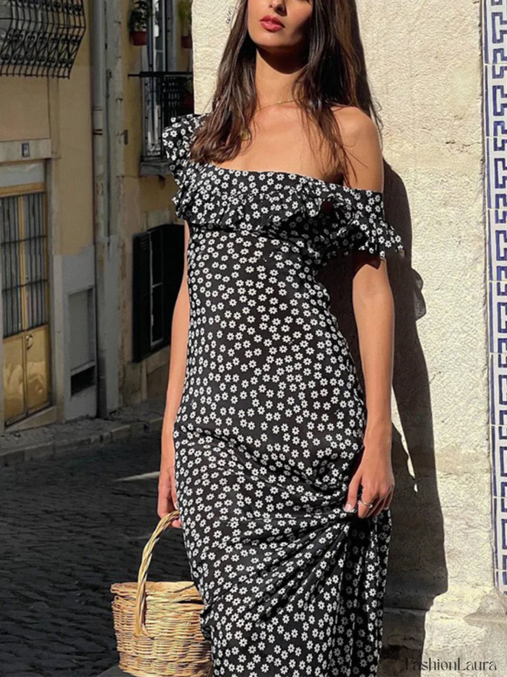 Daisy Floral Graceful Print Long Dress Black / XS Floral Dresses