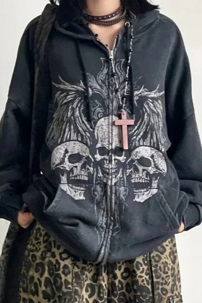 Dark Gothic Skull Print Zip Up Hoodie
