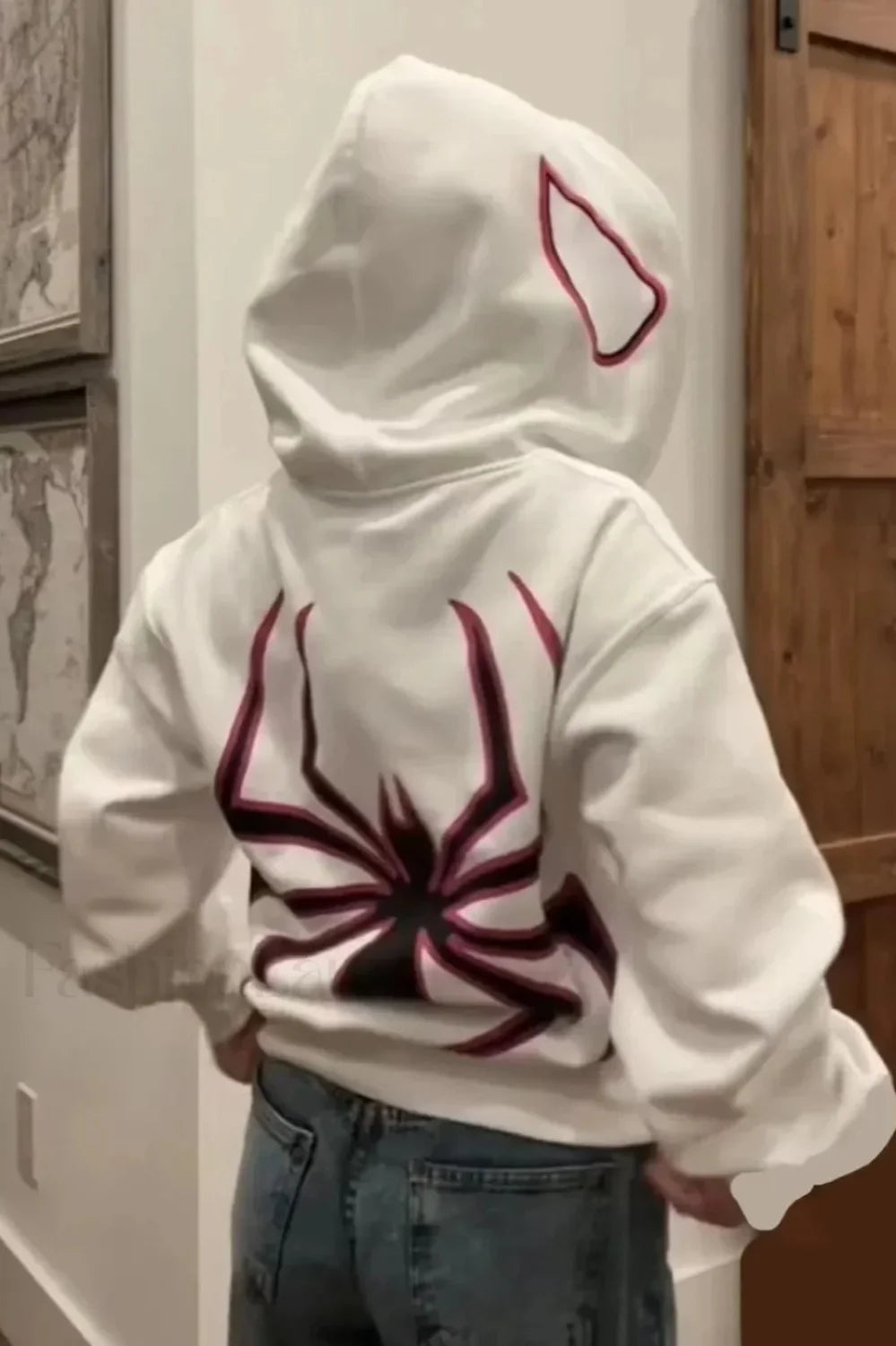 Dark Gothic Spider Print Zipper Hoodie White / S