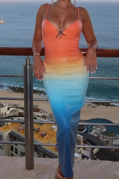 Gradient Sequin Spaghetti Midi Dress