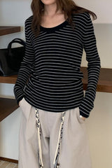 Wool Striped Round Neck Knit Top