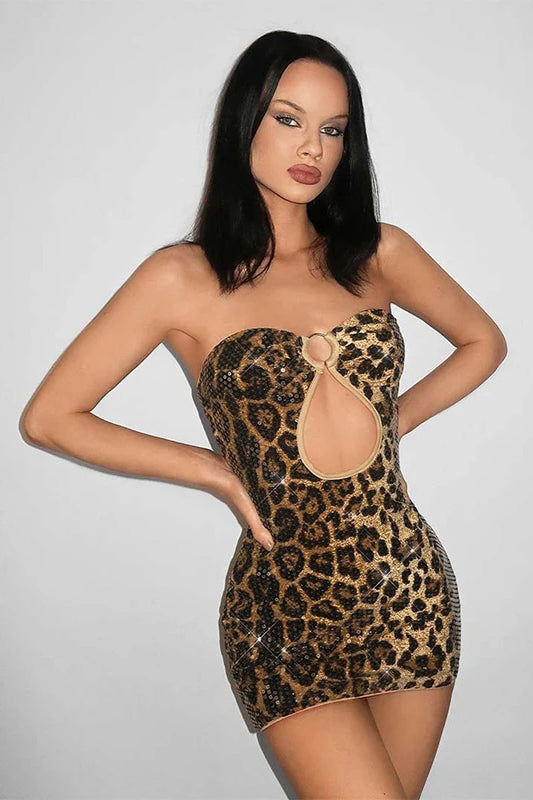 Leopard Sequin Strapless Mini Dress