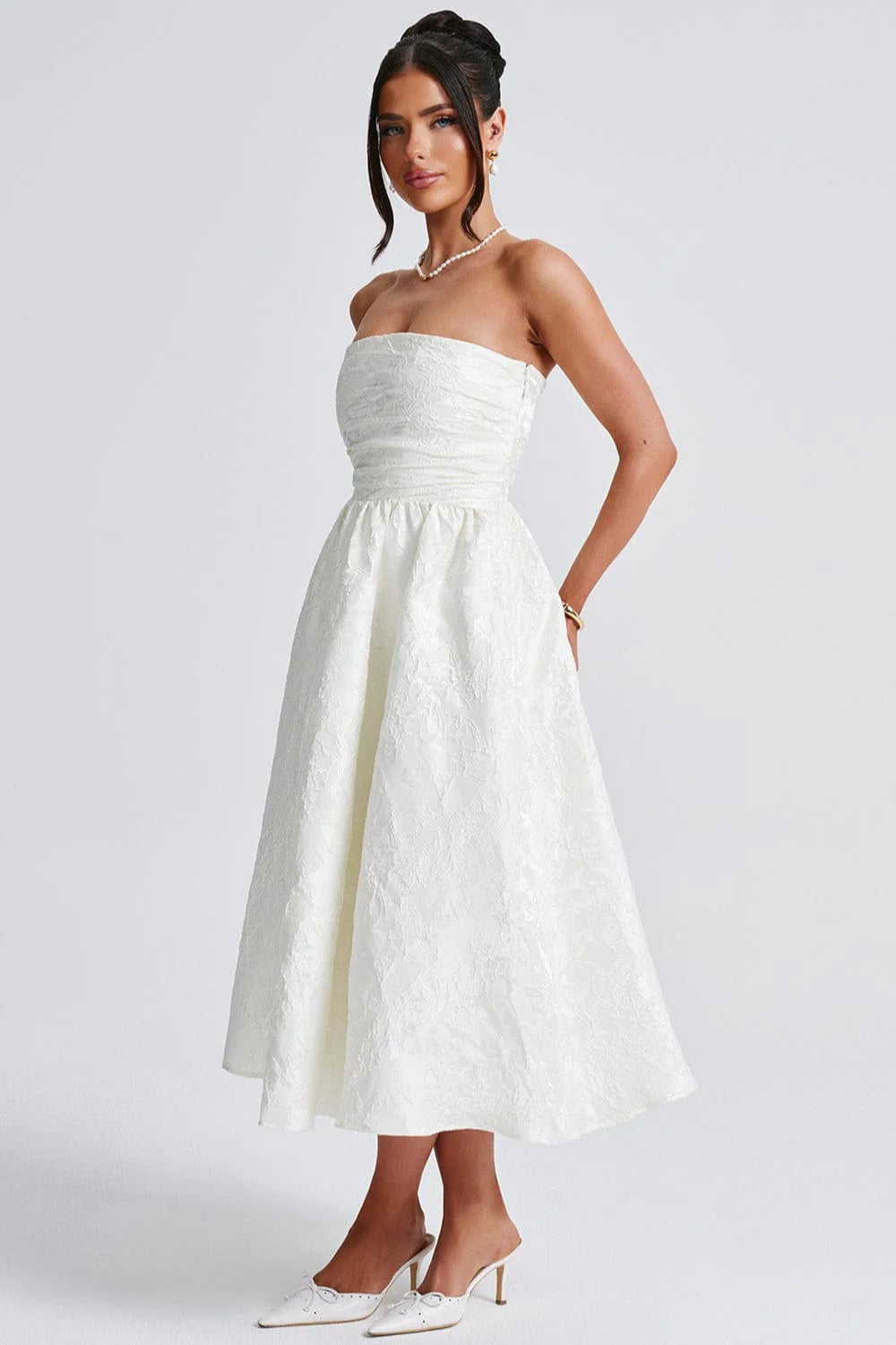 Solid Jacquard Strapless A-Line Party Dress