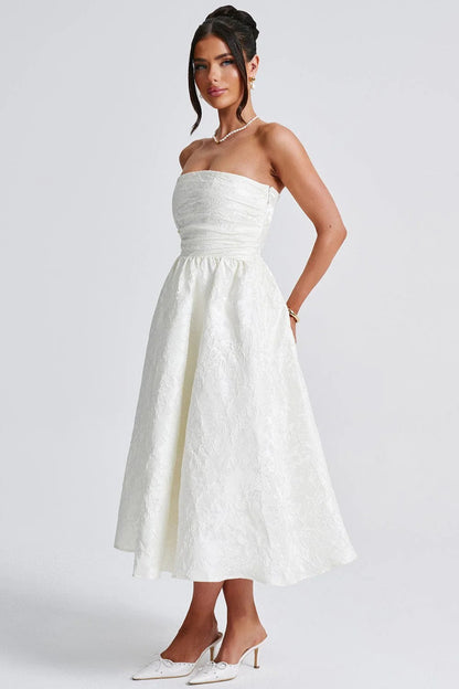 Solid Jacquard Strapless A-Line Party Dress