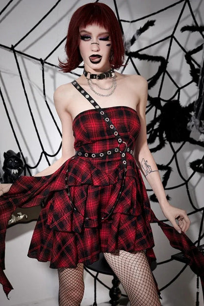 Halloween Sexy Red Black Plaid One Shoulder Dress