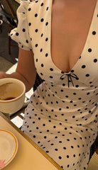 French Style Polka Dot V-Neck Bodycon Maxi Dress