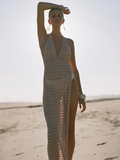 Deep V Backless Slit Maxi Cover Up Beige / S