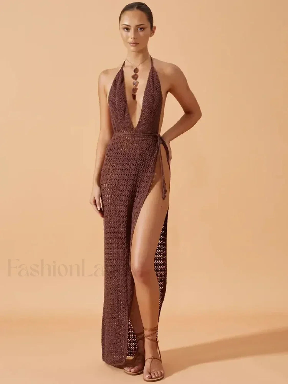 Deep V Backless Slit Maxi Cover Up Dark Purple / M