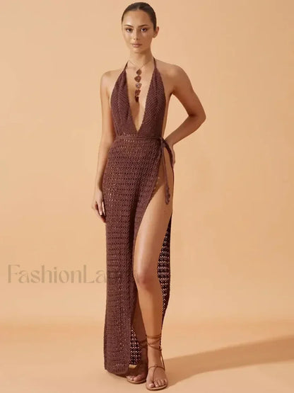 Deep V Backless Slit Maxi Cover Up Dark Purple / M