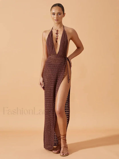 Deep V Backless Slit Maxi Cover Up Dark Purple / S