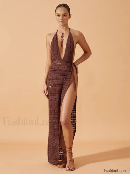 Deep V Backless Slit Maxi Cover Up Dark Purple / S