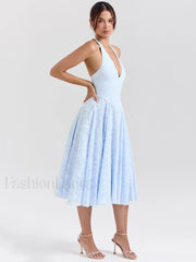 Deep V Halter Pleated Midi Dress