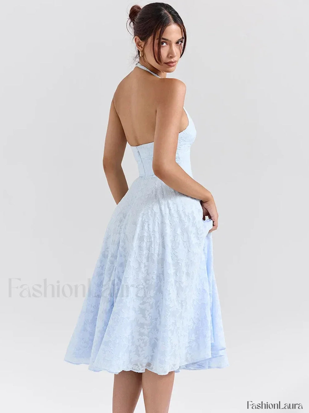 Deep V Halter Pleated Midi Dress