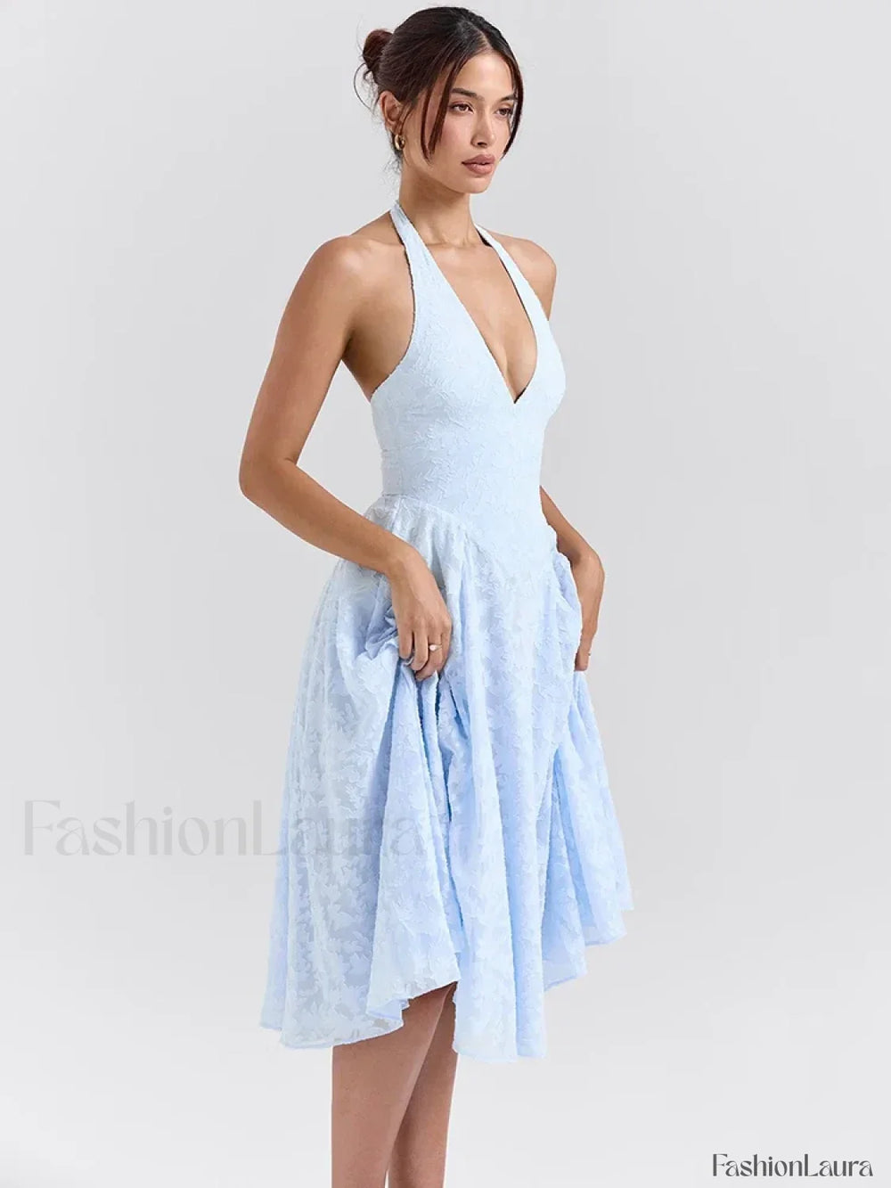 Deep V Halter Pleated Midi Dress