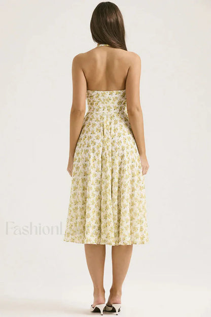 Deep V Neck Backless Floral A Line Floral Dress