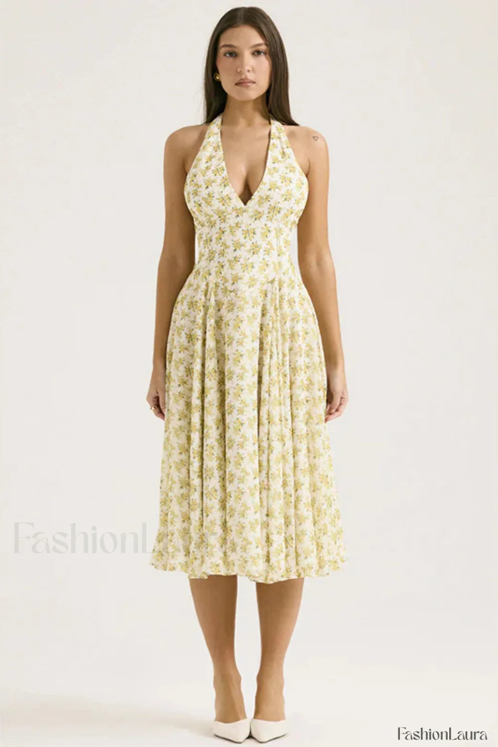 Deep V Neck Backless Floral A Line Floral Dress