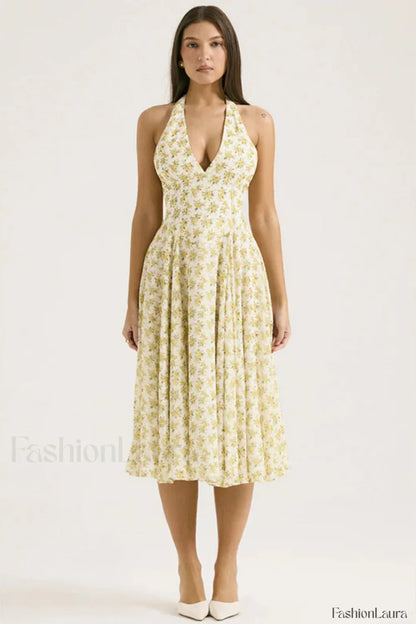 Deep V Neck Backless Floral A Line Floral Dress