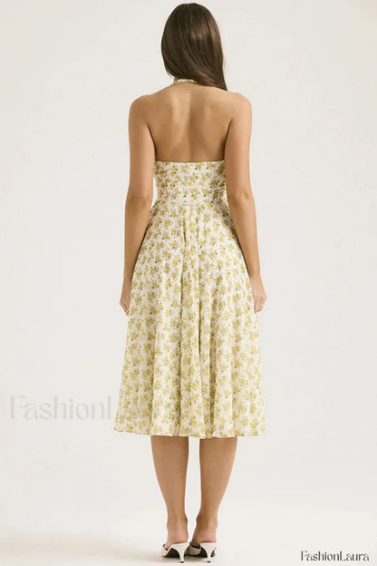 Deep V Neck Backless Floral A Line Floral Dress
