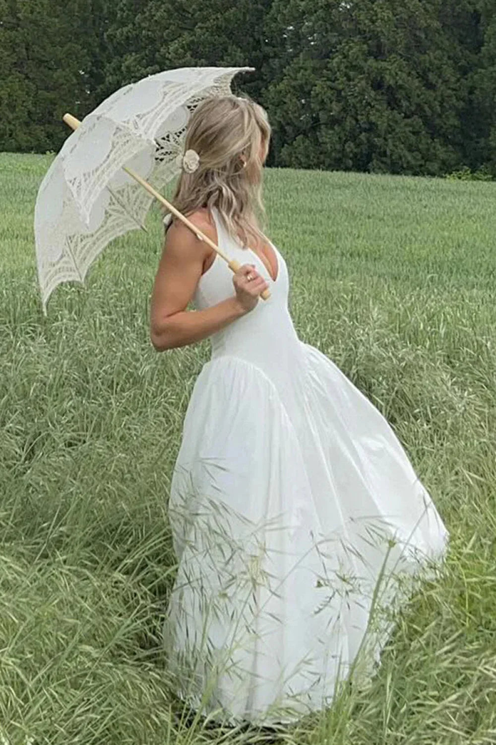 Deep V Neck Backless Pure Desire White Slim Fit Maxi Dress