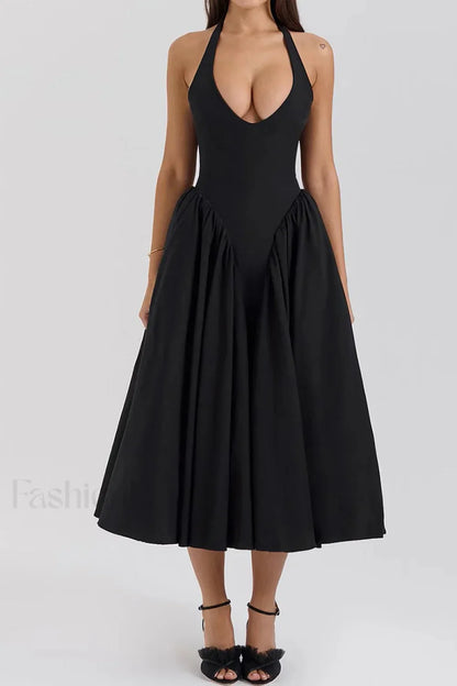 Deep V Neck Backless Pure Desire White Slim Fit Maxi Dress Black / XS