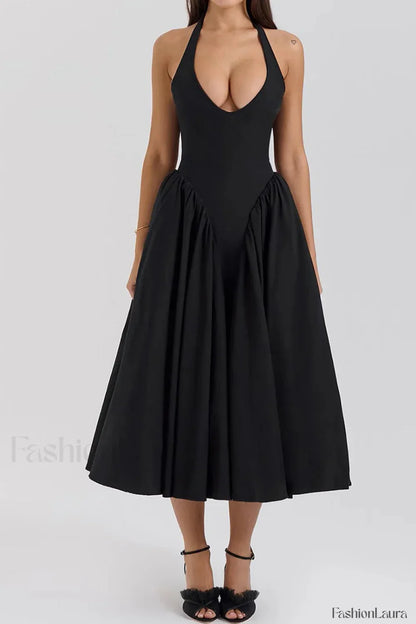 Deep V Neck Backless Pure Desire White Slim Fit Maxi Dress Black / XS