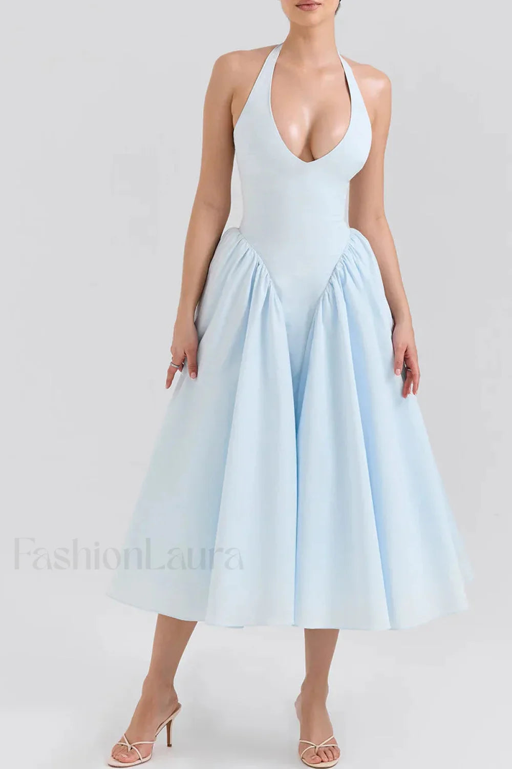 Deep V Neck Backless Pure Desire White Slim Fit Maxi Dress Blue / XS