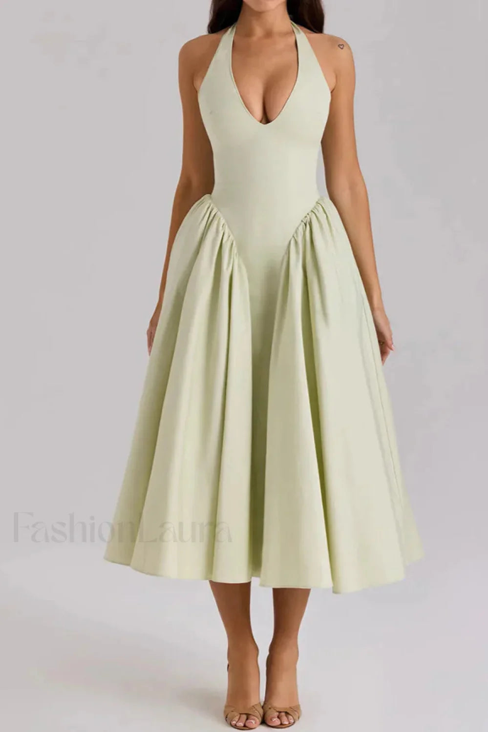 Deep V Neck Backless Pure Desire White Slim Fit Maxi Dress Green / XS