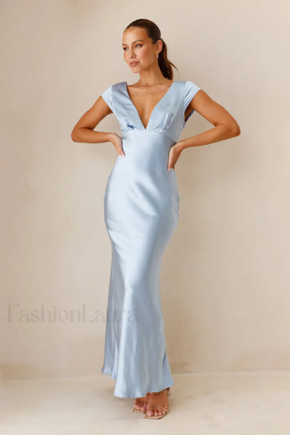 Deep V Neck Bodycon Backless Midi Work Dress Blue / S