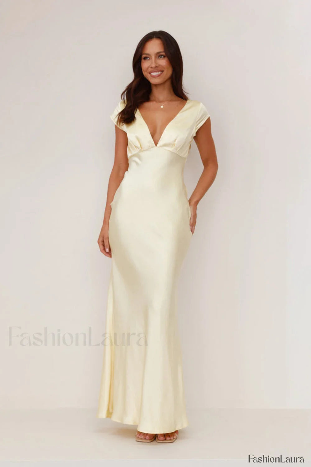 Deep V Neck Bodycon Backless Midi Work Dress Light Yellow / S